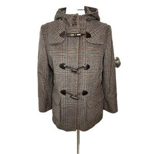 Duffle Coat Wool Cashmere Jacket fishermen Plaid Hooded St Johns Bay Petite PM